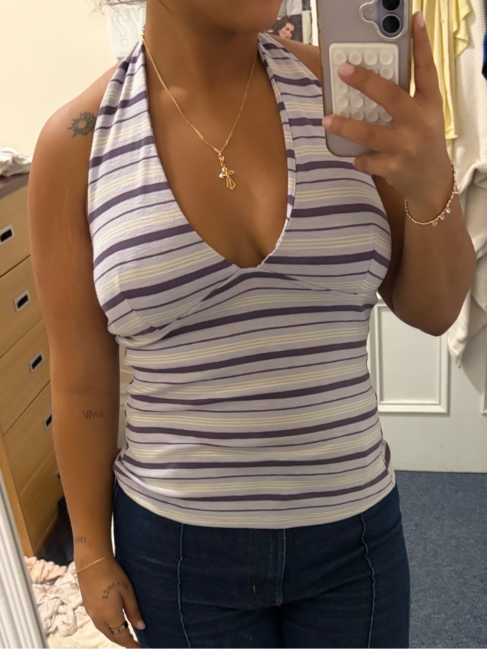 gaze Purple & Cream Striped Halter Tank Top